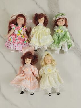 Victorian Mini Porcelain Doll 5 1/4" Pink Green Coral Yellow Dress x5 Vintage